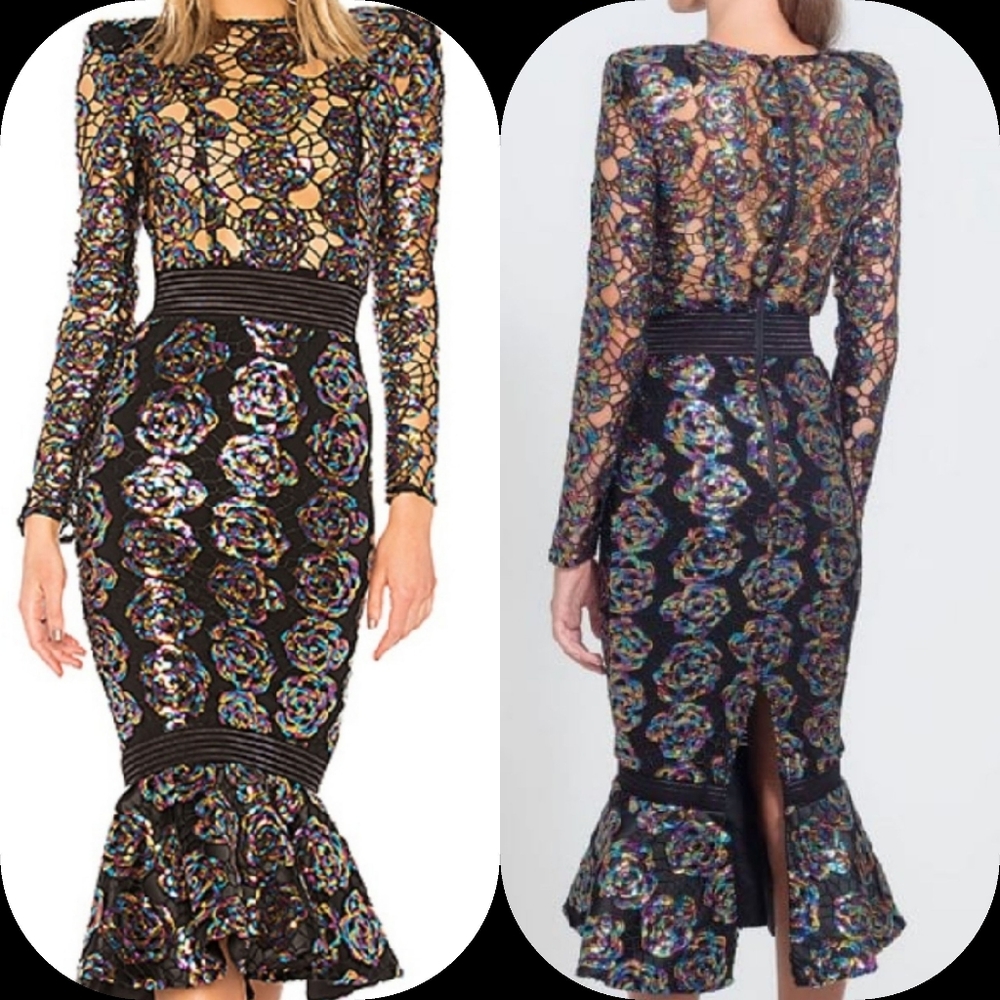 🤑SOLD🤑ZHIVAGO MOKAI NIGHTS SEQUINED LACE CALF-LENGTH DRESS - Picture 2 of 16